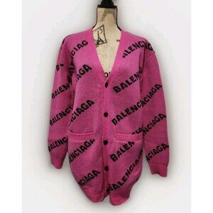 Balenciaga Women’s Oversized Logo Knit Cardigan Pink Black Wool Size M